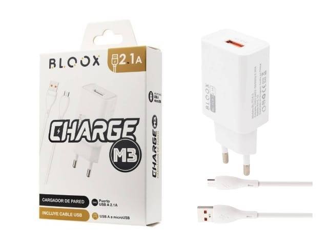 Cargador BLOOX 1 USB 2.1A + Cable MicroUSB 1M