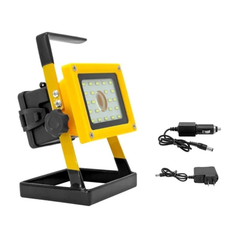 Foco Led 30w Portátil Con Cargador Para Pared Y Auto Amarillo Negro